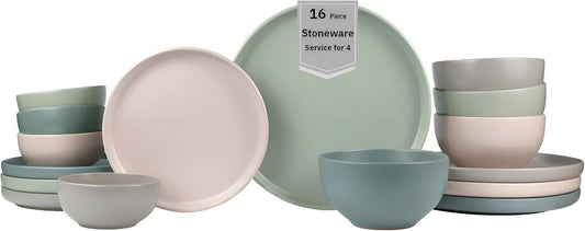Sango 16-Piece Stoneware Dinnerware Set for 4, Satin Glazed Plates and Bowls Sets with Matte Finish, Ceramic Dish Set, Durable Kitchen Dishes, Microwave & Dishwasher Safe Dining, Rollo Artist's Blend
