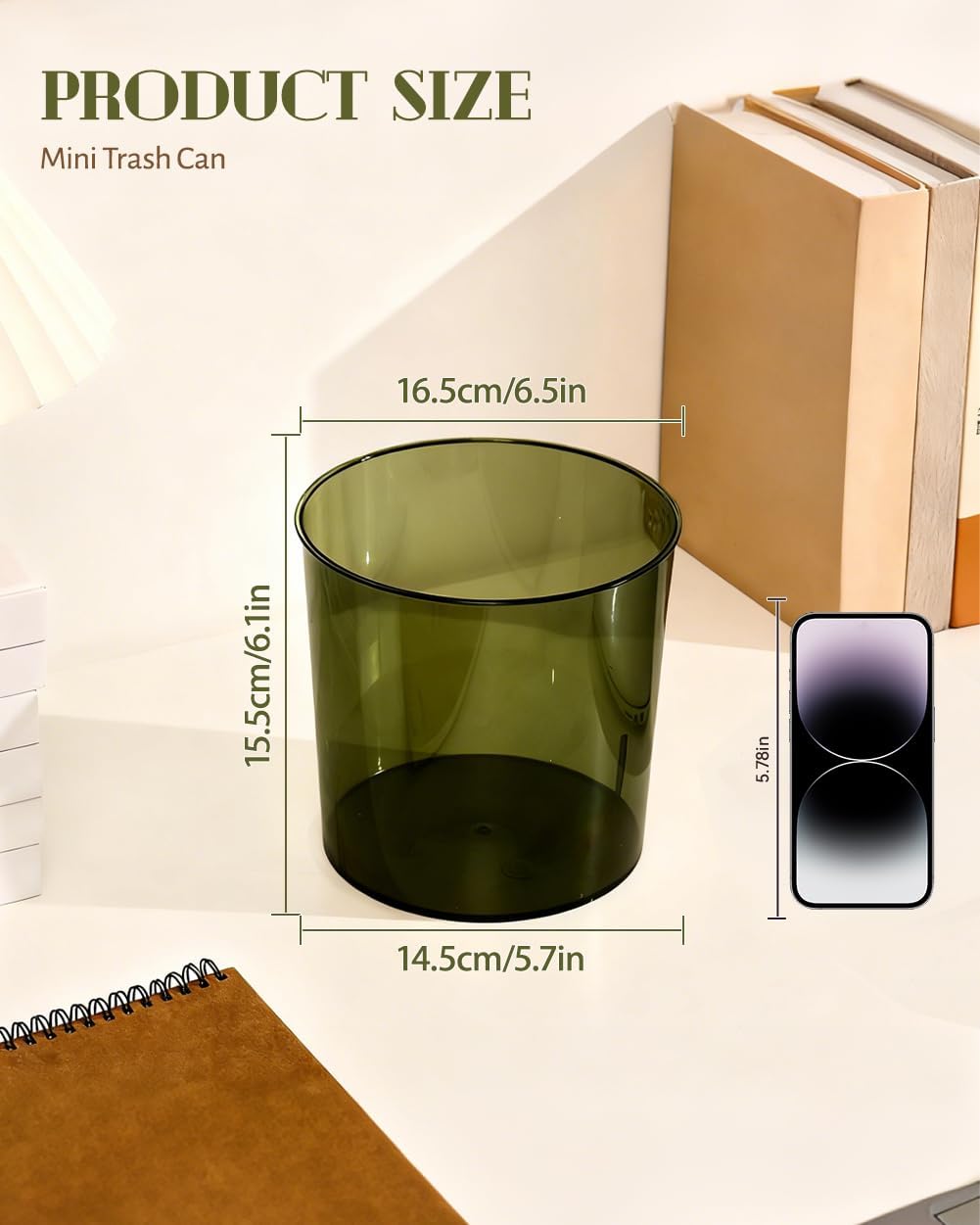 Bathroom Trash Can 6.5 x 5.7 x 6.1 Inch Small Trash Can Plastic Wastebasket Large Capacity Green Round Garbage Can for Bathroom Bedroom Office Kitchen Dorm Room (S)