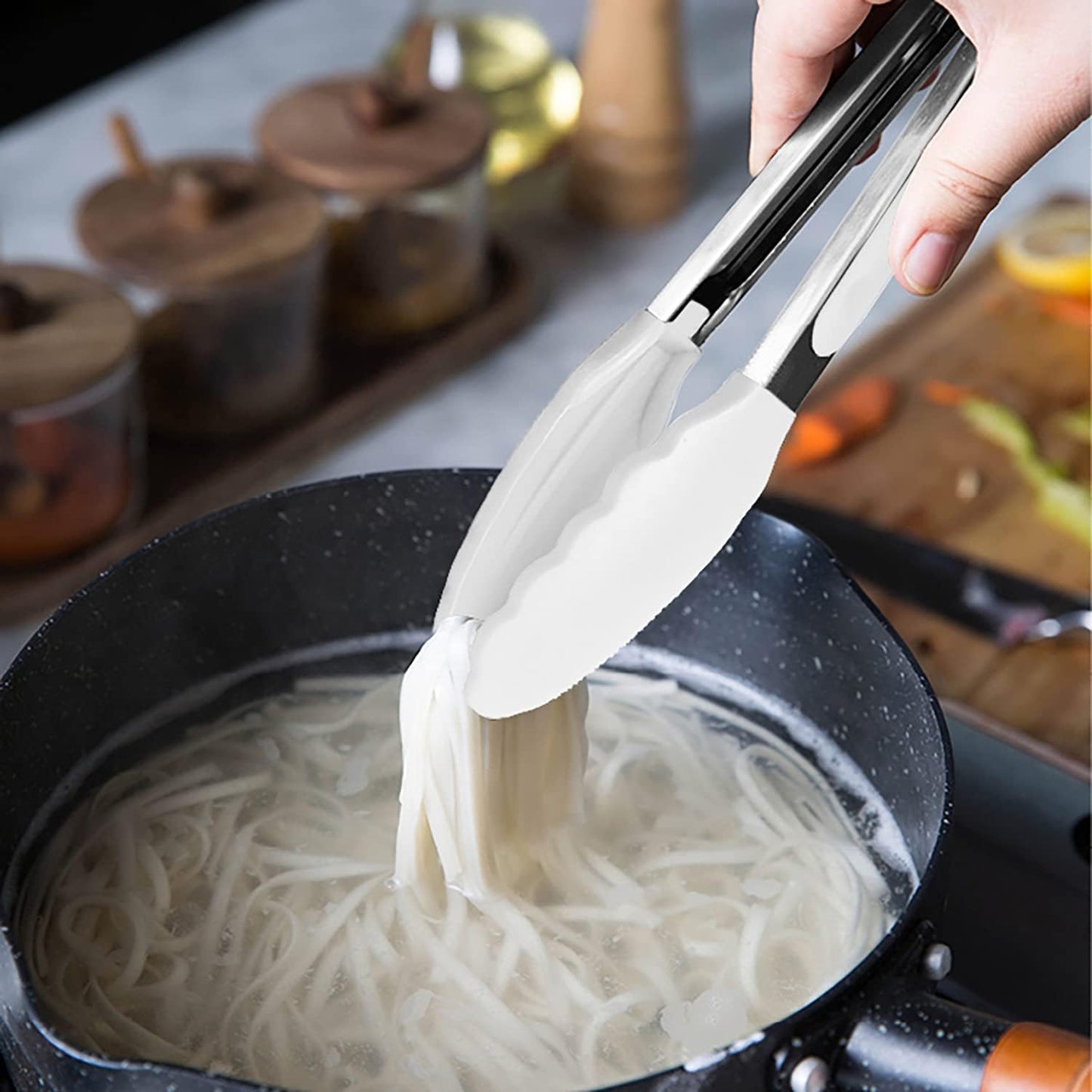 Mini Tongs with Silicone Tips 7-Inch Serving Tongs, Set of 3 (White)