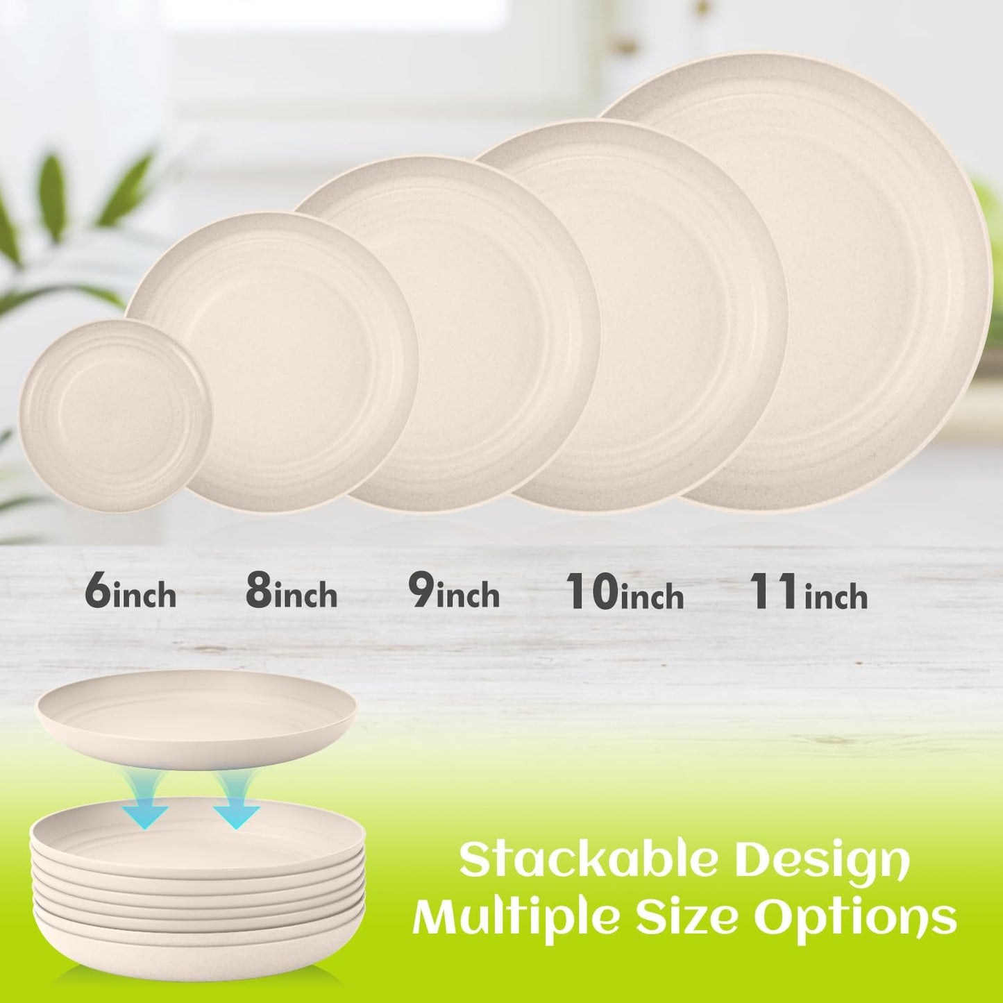 Homienly Plastic Dinner Plates, Wheat Straw Plates 11 Inch, Lightweight Unbreakable Plates Set of 8, Microwave Safe Plates, Deep Plates for Dinner - Beige