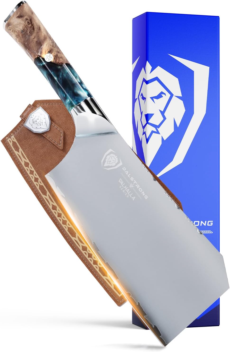 Dalstrong Valhalla Series 7 Inch HC Steel Meat Cleaver - Razor Sharp Knife - Celestial Resin & Wood Handle - Heavy Duty Slicer - Leather Sheath