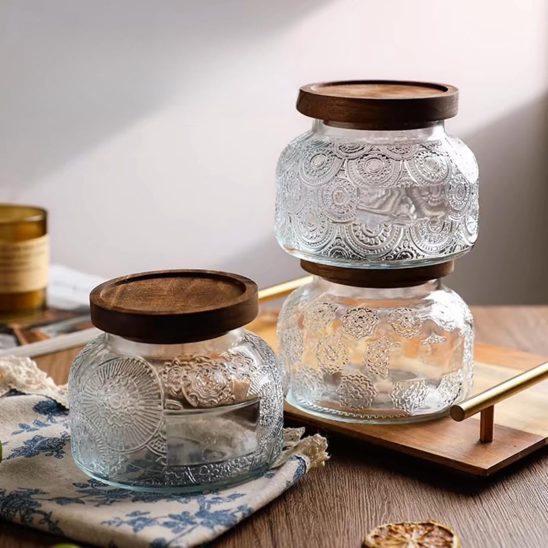 Vintage Decorative Jar 25.4FLOZ Glass Storage Container Mason Jar Candy Coffee Tea Nut Container Sugar Container, transparent, 750-FD1-wood lid