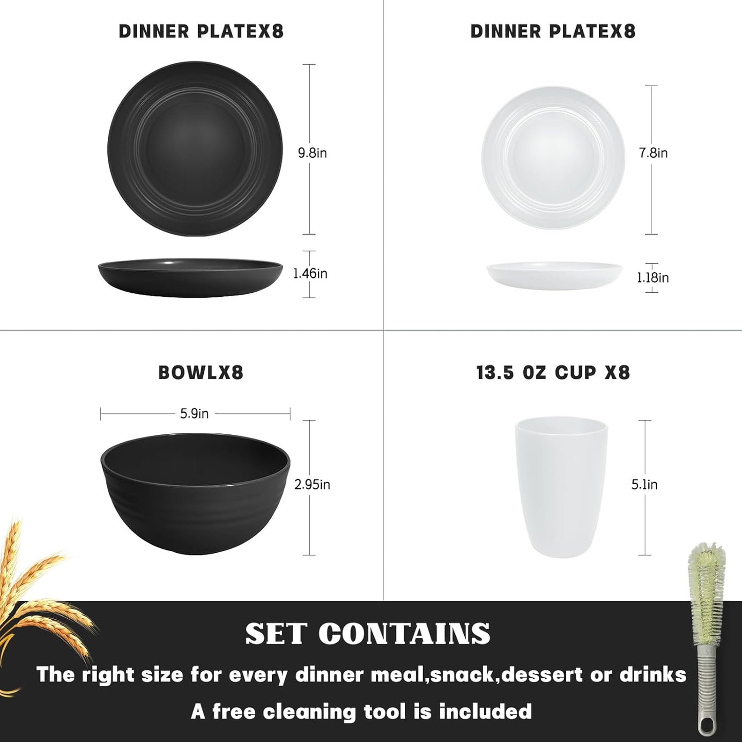 Kitchen Wheat Straw Dinnerware Sets (33pcs) Attached cleaning brush,Service For 8,Plastic Plates and Bowls Sets,Unbreakable Dinnerware,Lightweight Plastic Plate Set (Black white)
