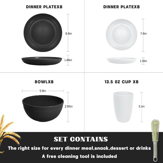 Kitchen Wheat Straw Dinnerware Sets (33pcs) Attached cleaning brush,Service For 8,Plastic Plates and Bowls Sets,Unbreakable Dinnerware,Lightweight Plastic Plate Set (Black white)