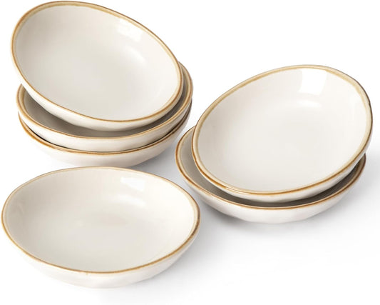famiware Ocean Soy Sauce Dishes of 6, Oval Dipping Sauce Cups/Bowls/Dishes for Kitchen, 2.1oz Ceramic Small Bowls for Side Dish, Appetizers, Snacks, and Sushi, Dishwasher Safe, Vanilla White