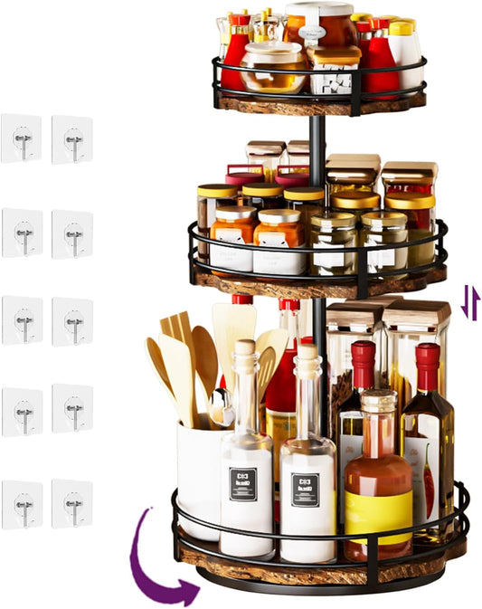Heavy-Duty 3-Tier Lazy Susan Organizer, Adjustable to Different Heights, Countertop Spice Rack, Upgraded Thickened Wooden Board, Suitable for Seasoning Organizer, Kitchen Organization
