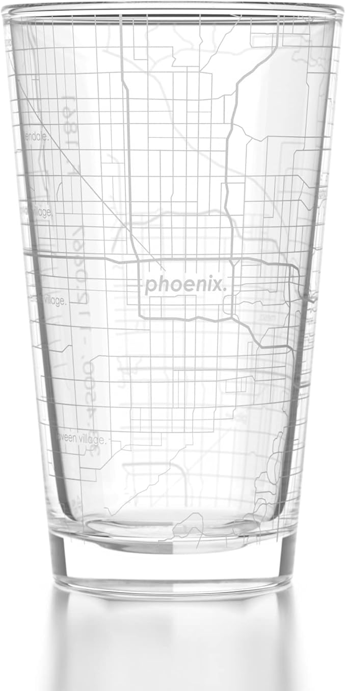 Well Told Engraved Phoenix Arizona Map Pint Glass, Etched Beer Gift (16 oz, Clear) City Map Pint, Custom City Glassware, Gifts For Beer Lovers