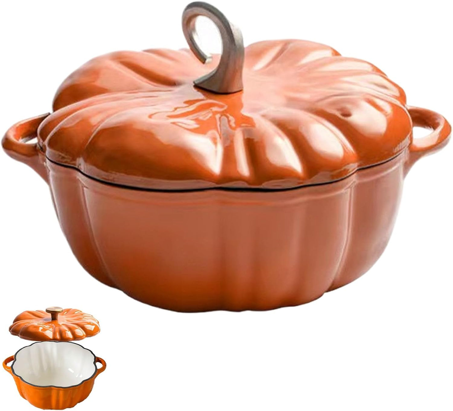 Enameled Cast Iron Pumpkin Dutch Ovens, Pumpkin Dutch Oven with Lid Covered Stockpot, 4-Quart Enameled Cast Iron Pot, Holds 2-3 Servings, Non-Stick, for All Stovetops (Orange Set B, L 7.9in)