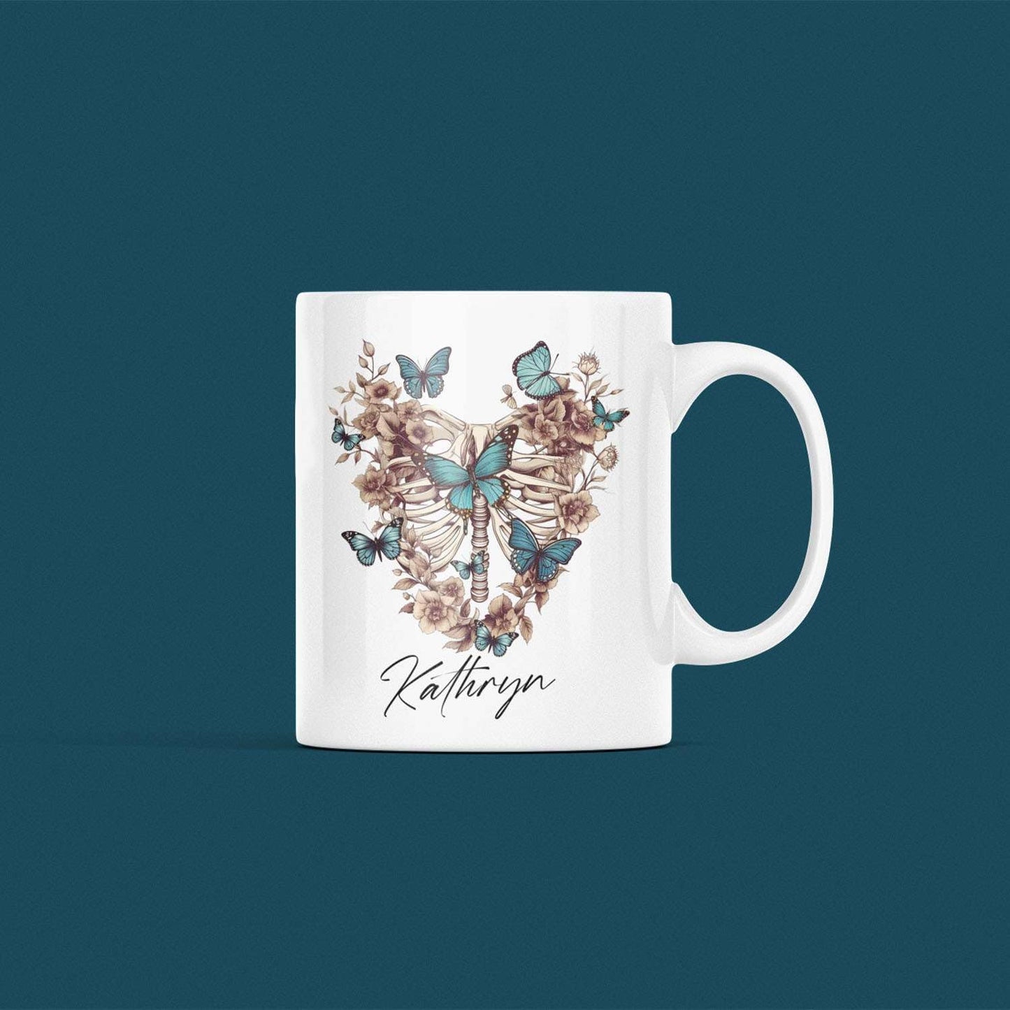 Customized Colorful Butterflies And Human Skeleton Travel Mugs, Personalized Name On Great Butterfly Cup Gifts For Child, Custom Heartwarming Animal Tea Cup For Animal Lovers