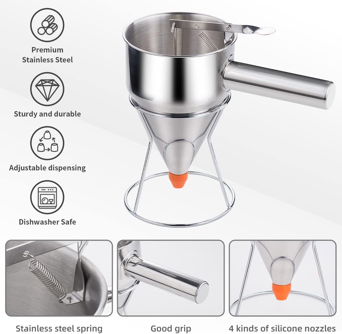 40oz Pancake Batter Dispenser, Stainless Steel Funnel Cake Dispenser with 4 Silicone Nozzles, Perfect for Pancakes, Cupcakes, and Funnel Cakes