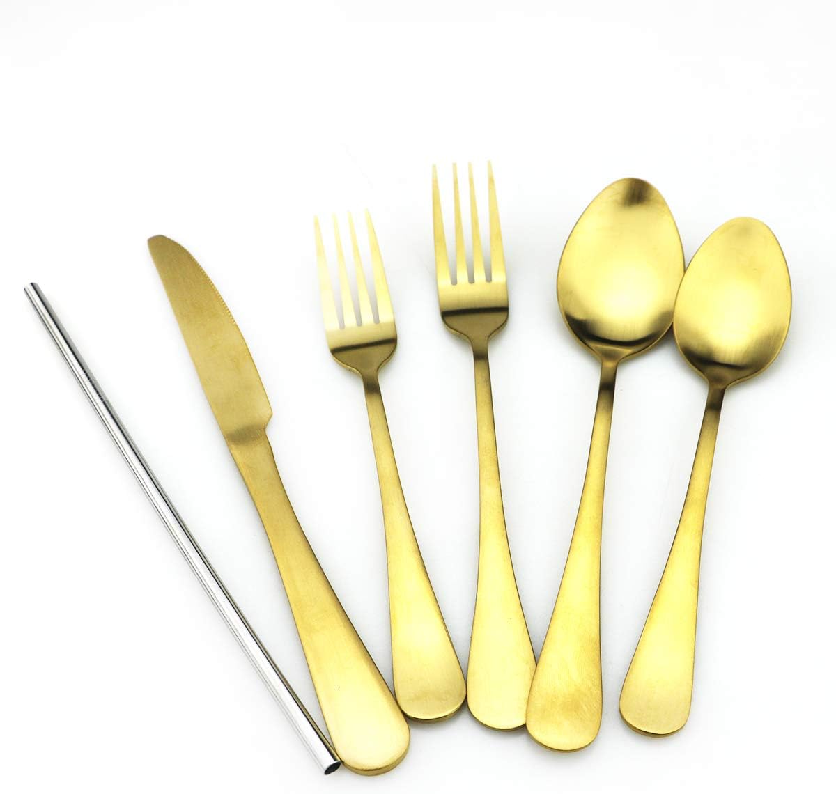 JASHII Modern Royal 5 Pcs Matte Gold 18/10 Stainless Steel Utensils Cutlery Dinnerware Set w/Drinking Straw, Knife Fork and Spoon Flatware Set for Wedding Festival Christmas Party Service for 1