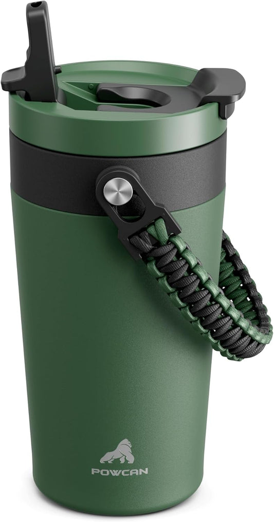 16 oz Insulated Coffee Mug for Commuters: 2-in-1 Straw Flip Lid, Keep Cold 24H, Fit in Car Cupholder, Leakproof, Stainless Steel Coffee Tumbler with Handle for Office, Travel, Gifts and Home (Forest)