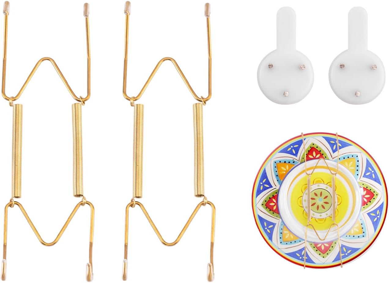 2 Pack Plate Hangers for The Wall Suitable for 6-8 inch Small Decorative Plate, Invisible Stainless Steel Plate Hangers for Display with Wall Hooks, for Plates/Platter/Dish/Picture(Gold)