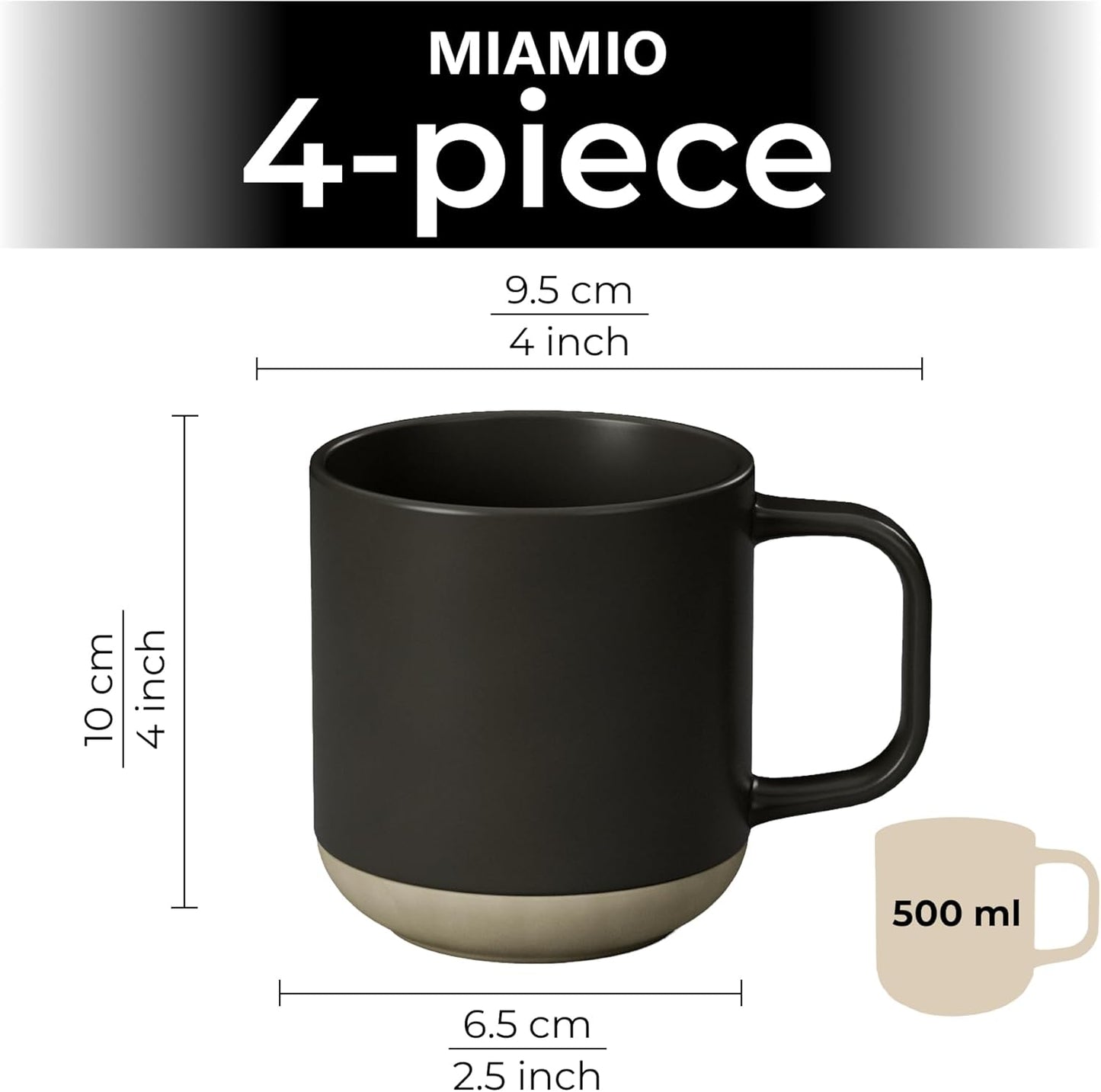 MIAMIO – Coffee Mugs Set of 4 / Ceramic Cups for Coffee (17.5 oz), Cappuccino, Latte Macchiato, Tea, Espresso/Dishwasher and Microwave Safe – Sierra Collection (Dark, Mugs (4x))