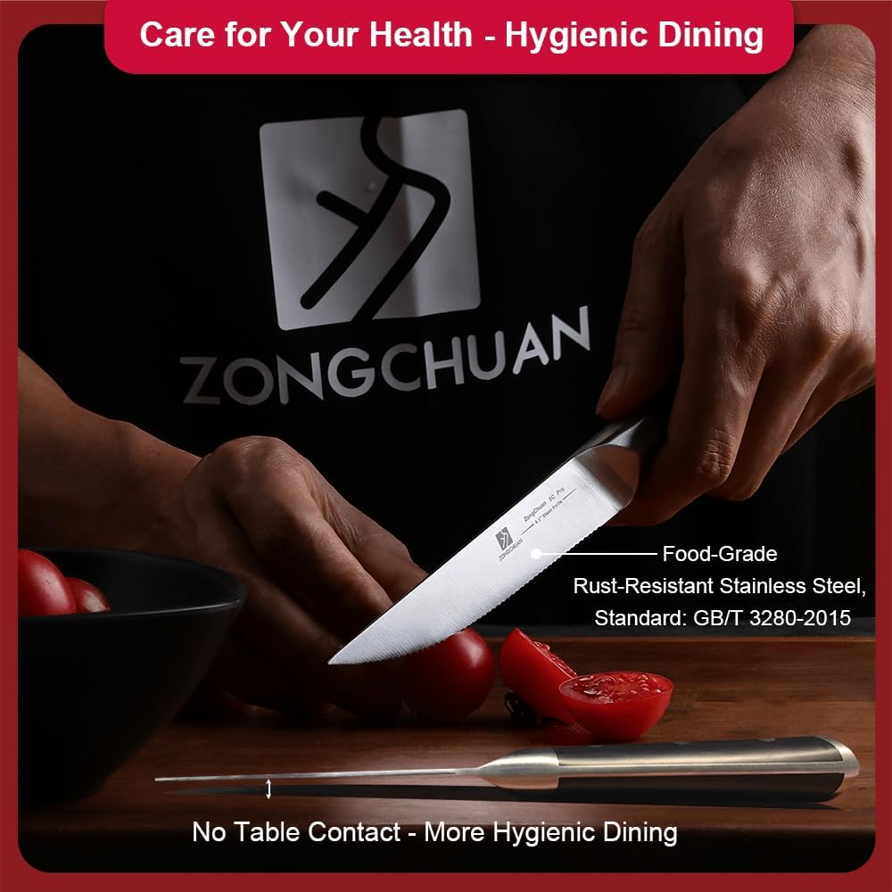 Steak Knives,4.5 Inch Steak Knife Set of 4,Micro-Cutting Point Serrated Edge,Razor Sharp Kitchen Knife,50CR15MOV Stainless Steel,Dishwasher Safe,Ergonomic Handle And Full Tang Design With Gift Box