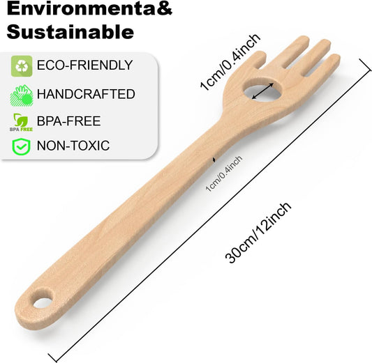 12'' Birch Pasta Forks, 2-Pack - Hand Shaped Spaghetti Server with Measuring Hole for Perfect One-Serving Portion, Natural Wood Cooking Utensils for Pasta Salad, Long Handle Noodle Spoon