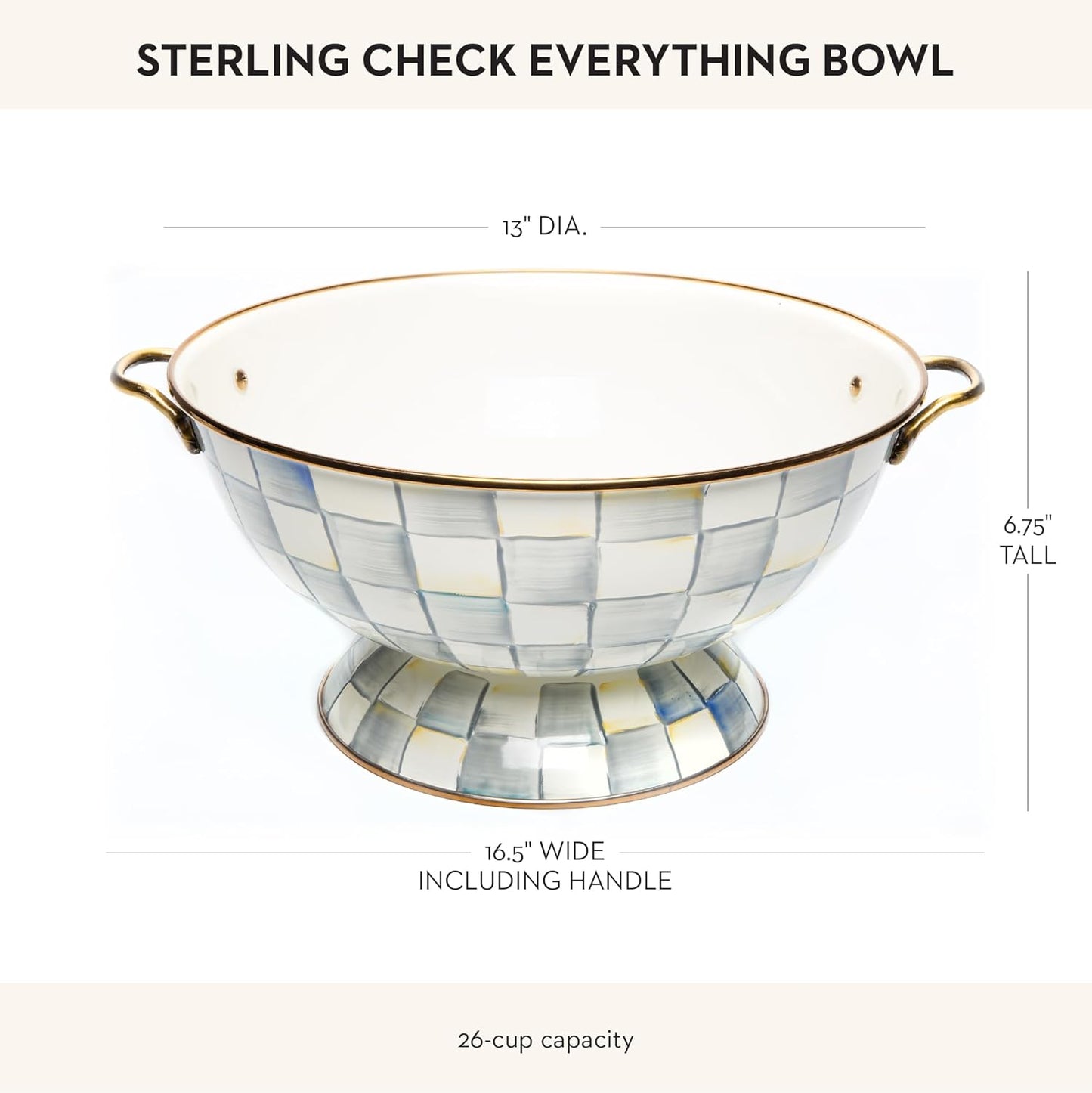 MACKENZIE-CHILDS Enamel Bowl, Serving Bowl for Entertaining, Everything Bowl, Gray-and-White Sterling Check