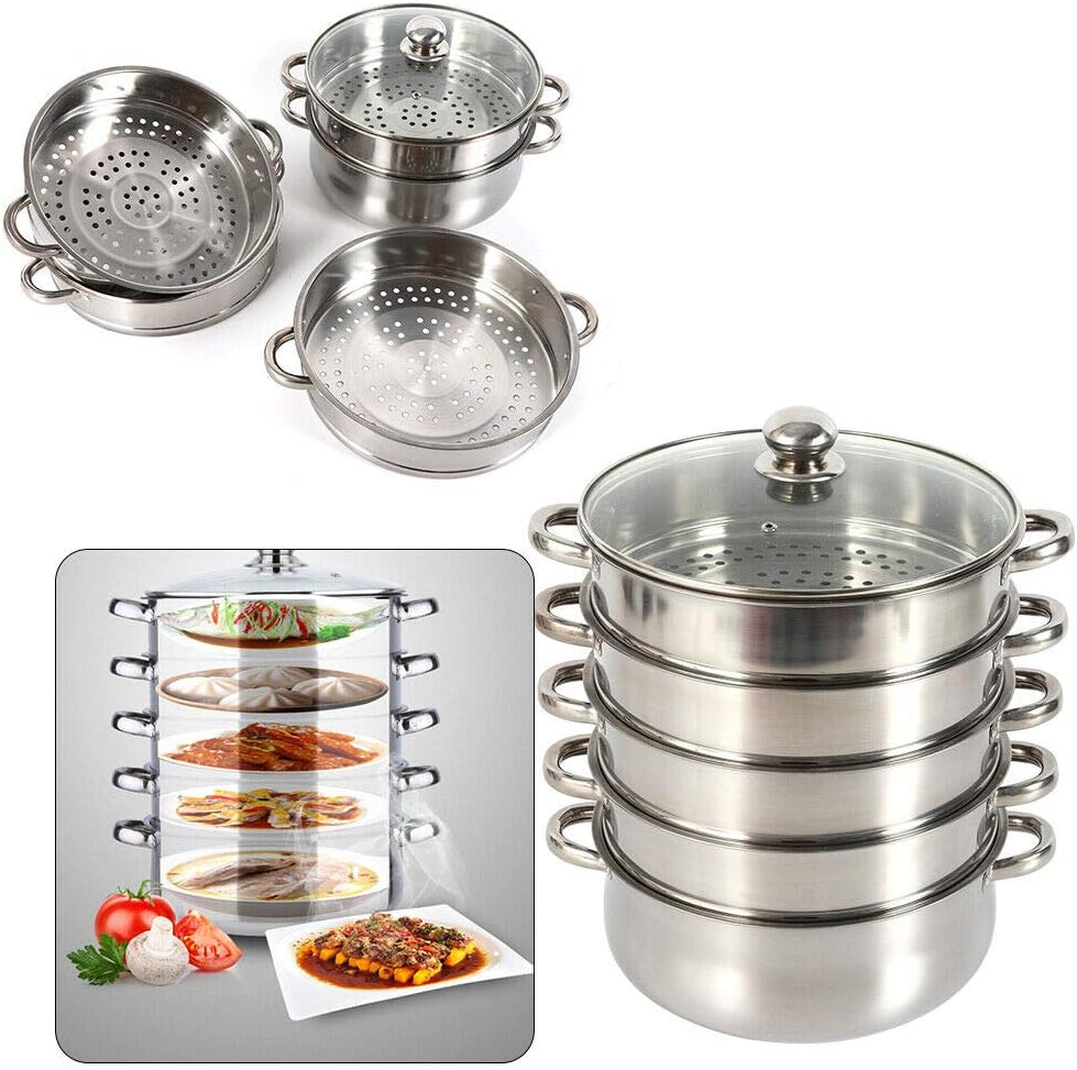 5 Tier Food Steamer,Stainless Steel Steamer for cooking,26/28/30cm Steamer Pot,Steamer Cooker Cookware with Glass Lid and Steamer Basket for Cooking Food (28cm)
