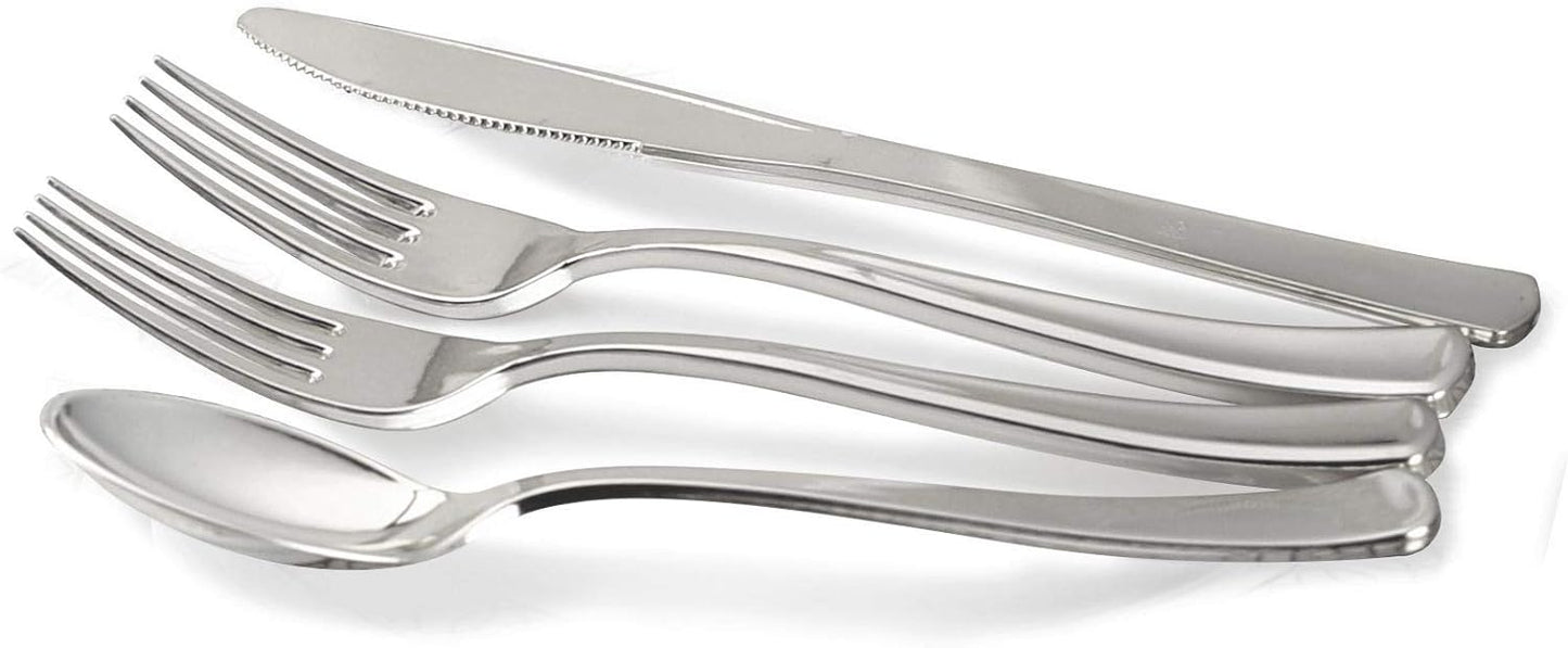 " OCCASIONS " 640pcs set (80 Guests)-Extra Heavyweight Vintage Wedding Disposable/Reusable Plastic Plates 80 x 11'' + 80 x 8.25''+Silverware+Cups+Napkins (Chateau Collection Light Gray)