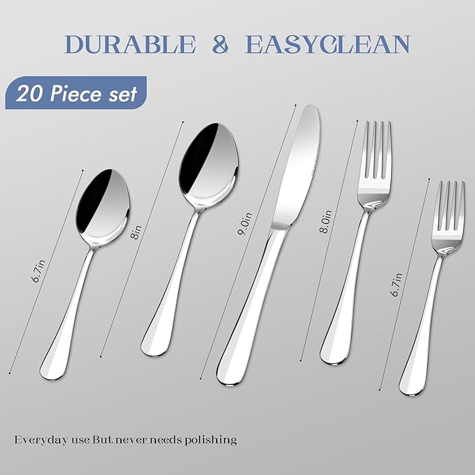 Silverware Set, 20 Piece Flatware Cutlery Set for 4, 18/8 Stainless Steel Silverware Mirror Polished Dishwasher Safe for Home, Restaurant, Wedding, Party Cutlery(Silver, 20 pieces for 4)