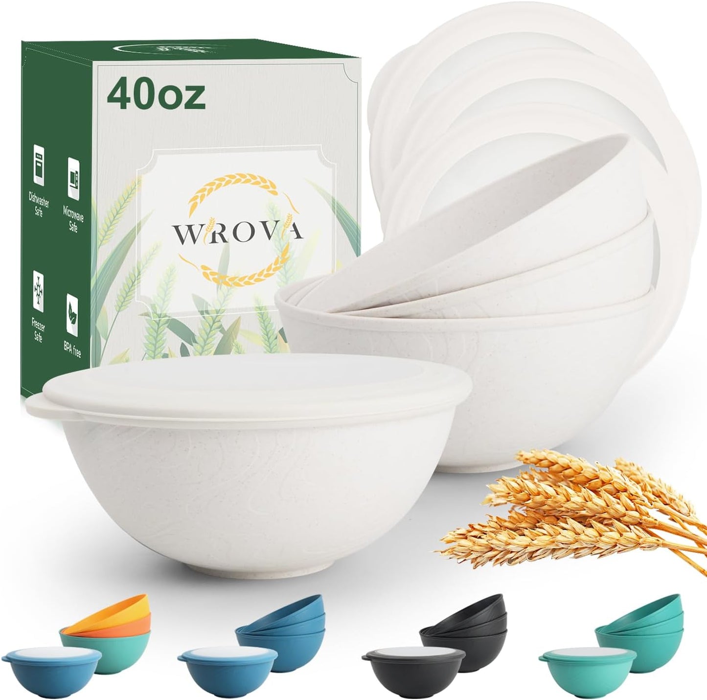 Wrova alternative plastic bowl set with lids,unbreakable wheat straw bowls 40oz suitable for indoors and outdoors,overnight foods container with cover. White