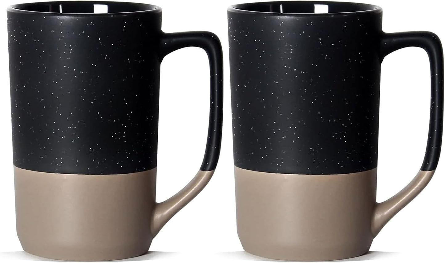 16 OZ Speckled Large Coffee Mugs Set of 2, Tall Ceramic Tea Cups with Handle, Big Beer Bulk Cup for Porcelain Cup or Mug Lovers DIY Gifts, Black