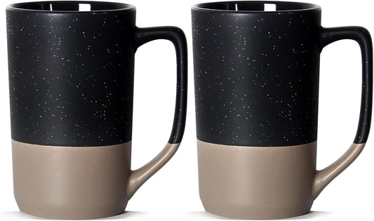 16 OZ Speckled Large Coffee Mugs Set of 2, Tall Ceramic Tea Cups with Handle, Big Beer Bulk Cup for Porcelain Cup or Mug Lovers DIY Gifts, Black