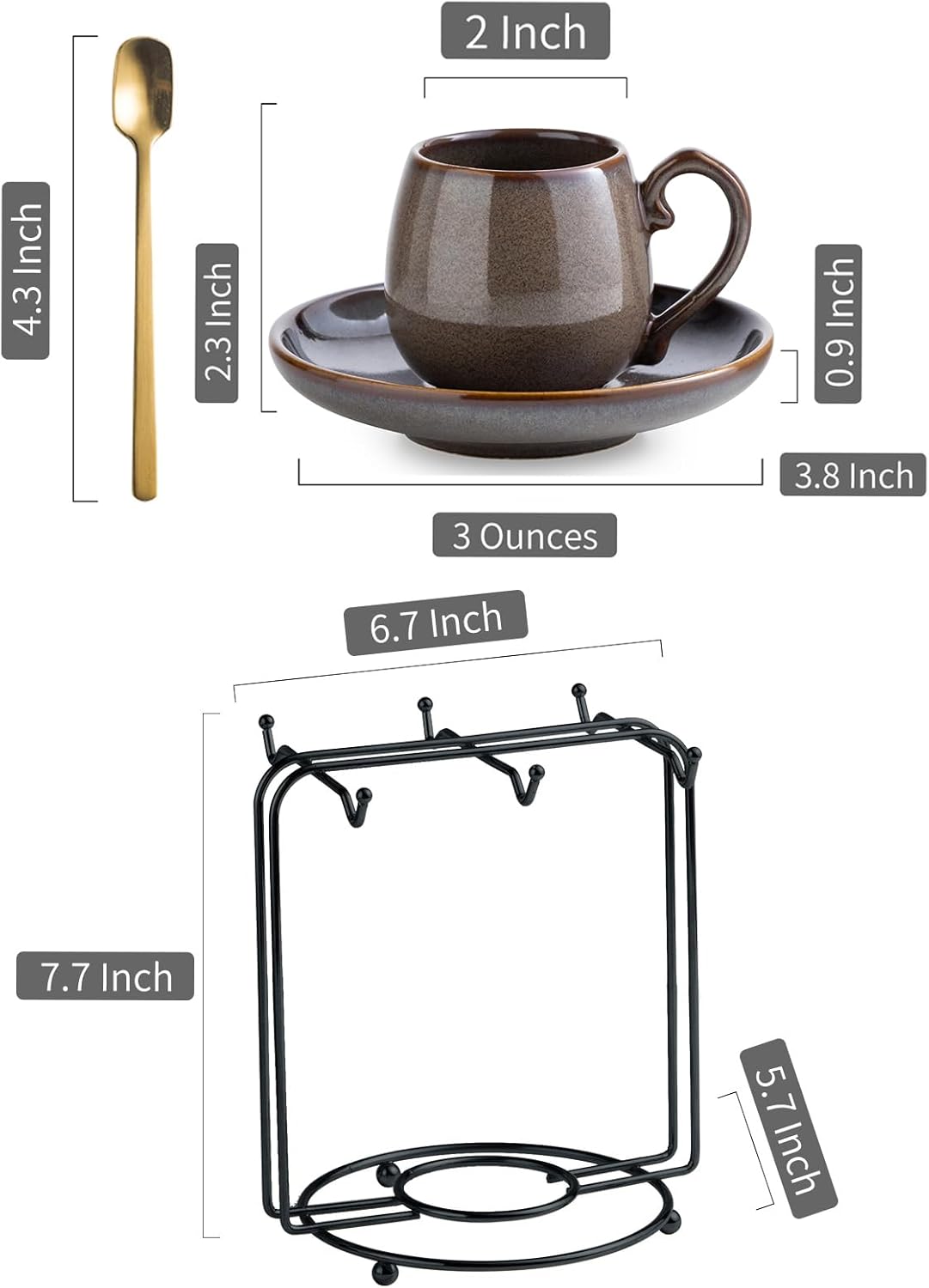 LYEOBOH 3 Ounce Espresso Cups and Saucers Set of 6, Ceramic Small Coffee Cups with Metal Holder and Spoons, Cute Demitasse Cups for Tea, Espresso, Latte, Cafe Mocha, Brown