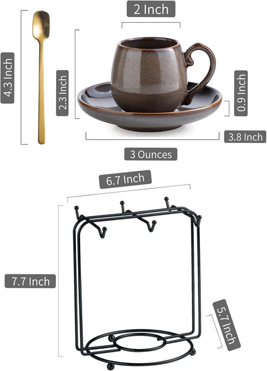 LYEOBOH 3 Ounce Espresso Cups and Saucers Set of 6, Ceramic Small Coffee Cups with Metal Holder and Spoons, Cute Demitasse Cups for Tea, Espresso, Latte, Cafe Mocha, Brown