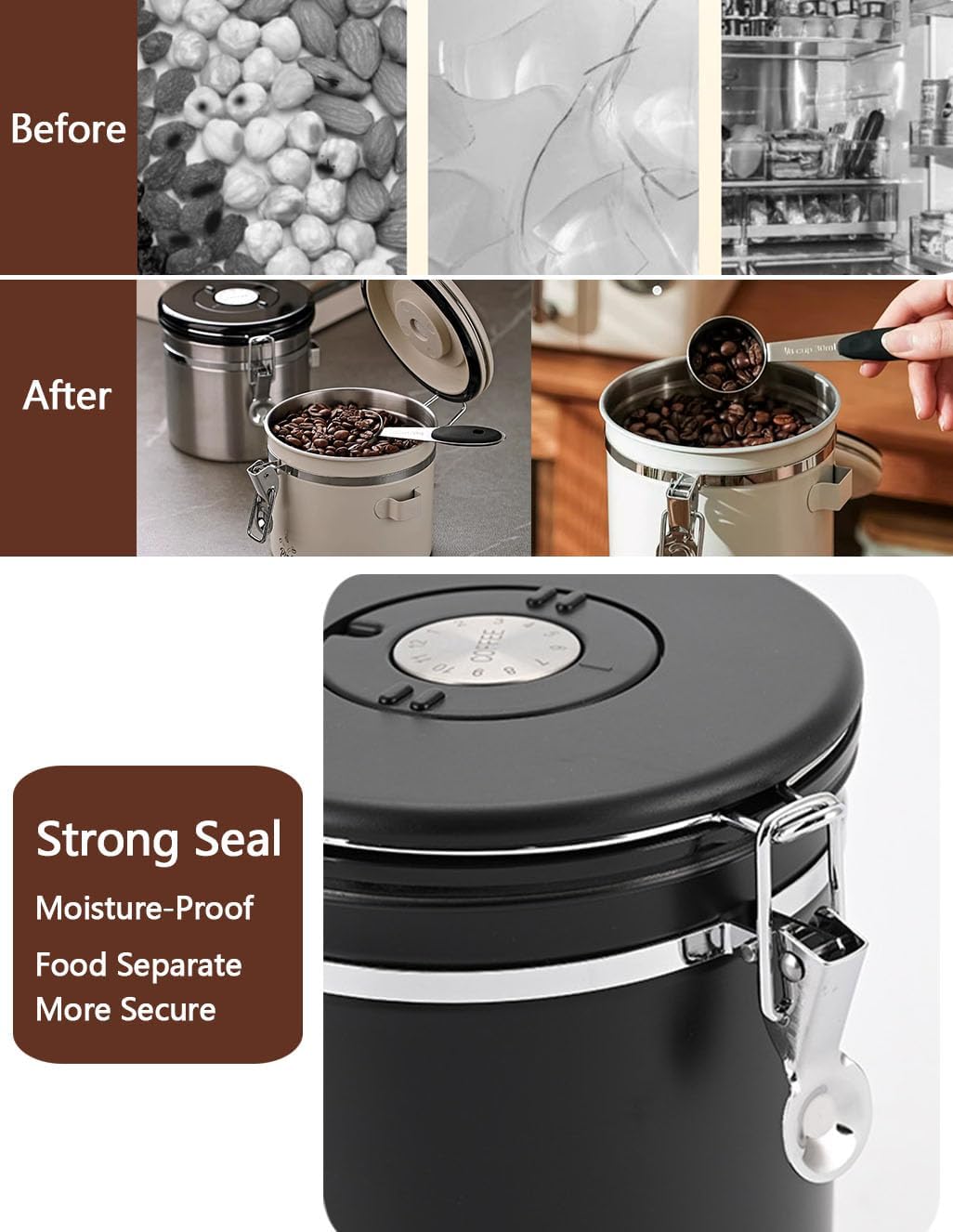 Coffee Canister Airtight Storage Container Stainless Steel Coffee Jar with Scoop,Date Tracker CO2 Release Valve for Dry Food Beans Ground Tea Flour Cereal and Sugar