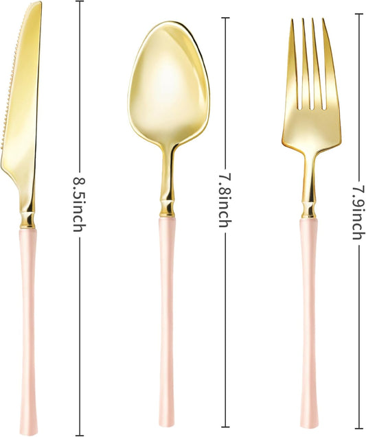 Lullaby 150pcs Gold Plastic Silverware, High End Disposable Cutlery with Pink Handle Include 50 Forks, 50 Spoons, 50 Knives, Perfect for Birthdays, Parties, Weddings, and More