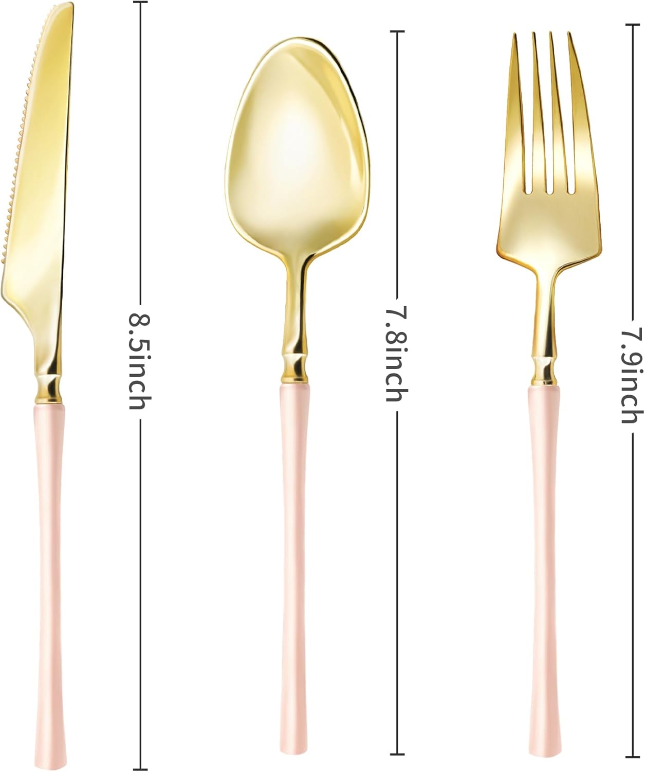 Lullaby 90pcs Gold Plastic Silverware, High End Disposable Cutlery with Pink Handle Include 30 Forks, 30 Spoons, 30 Knives, Elegant Disposable Silverware for Wedding, Party, Gathering and Daily Use