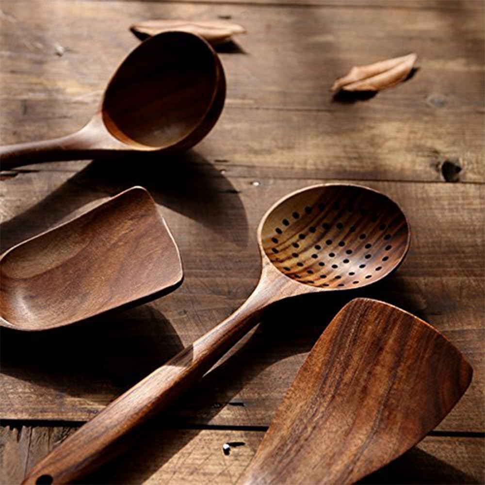 Wooden Spoons for Cooking, 4 Pcs Wooden Natural Teak Wood Spatulas Spoon, Nonstick Kitchen Utensil Set