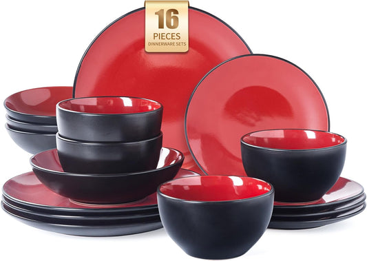 Plates and Bowls Sets for 4 - CJDC-QUELO 16-Piece Stoneware Dinnerware Sets, Ceramic Dishware Set for Indoor Kitchen Use and Formal Dining, Chip and Scratch Resistant Microwave Dishwasher Safe, Red