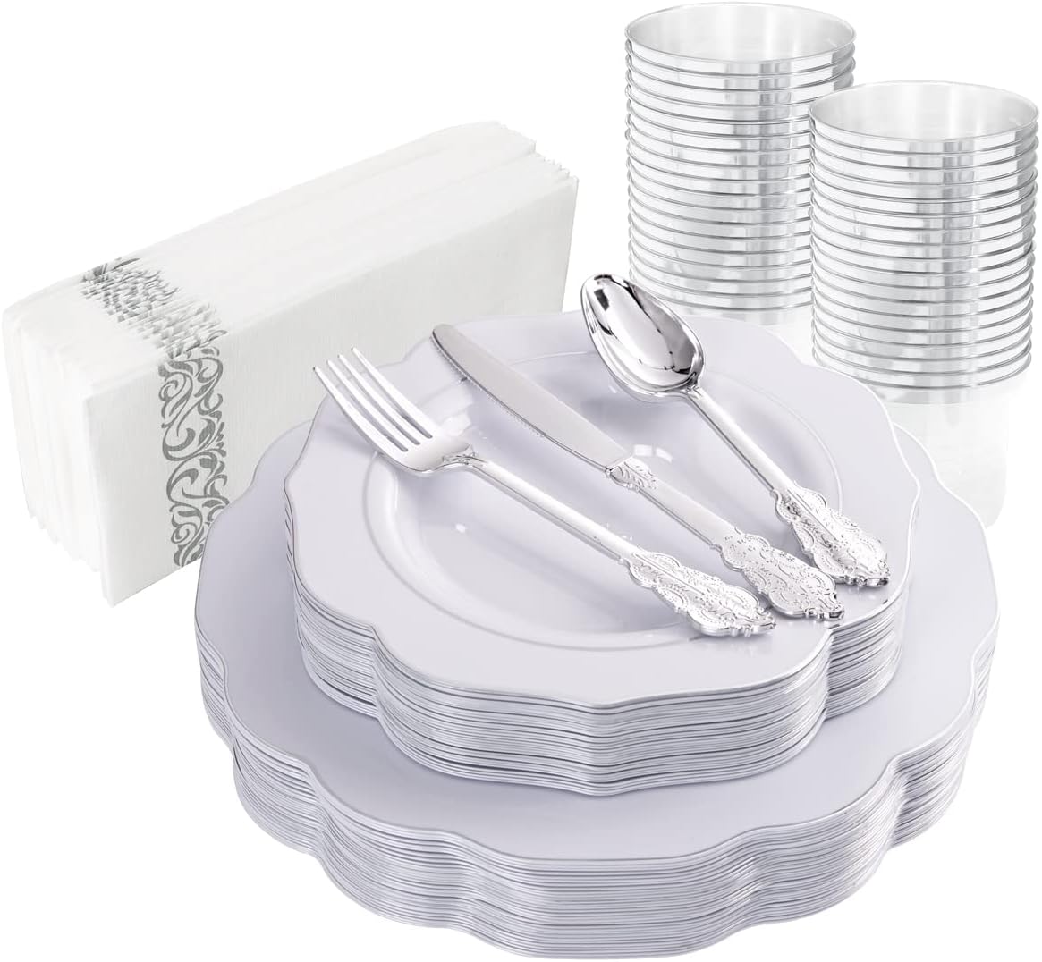 NOCCUR 175pcs Silver Plastic Plates - Silver Rim Plastic Tableware Include 25 Dinner/Dessert Plates, 25 Forks, 25 Knives, 25 Spoons for Wedding/Party/Christmas