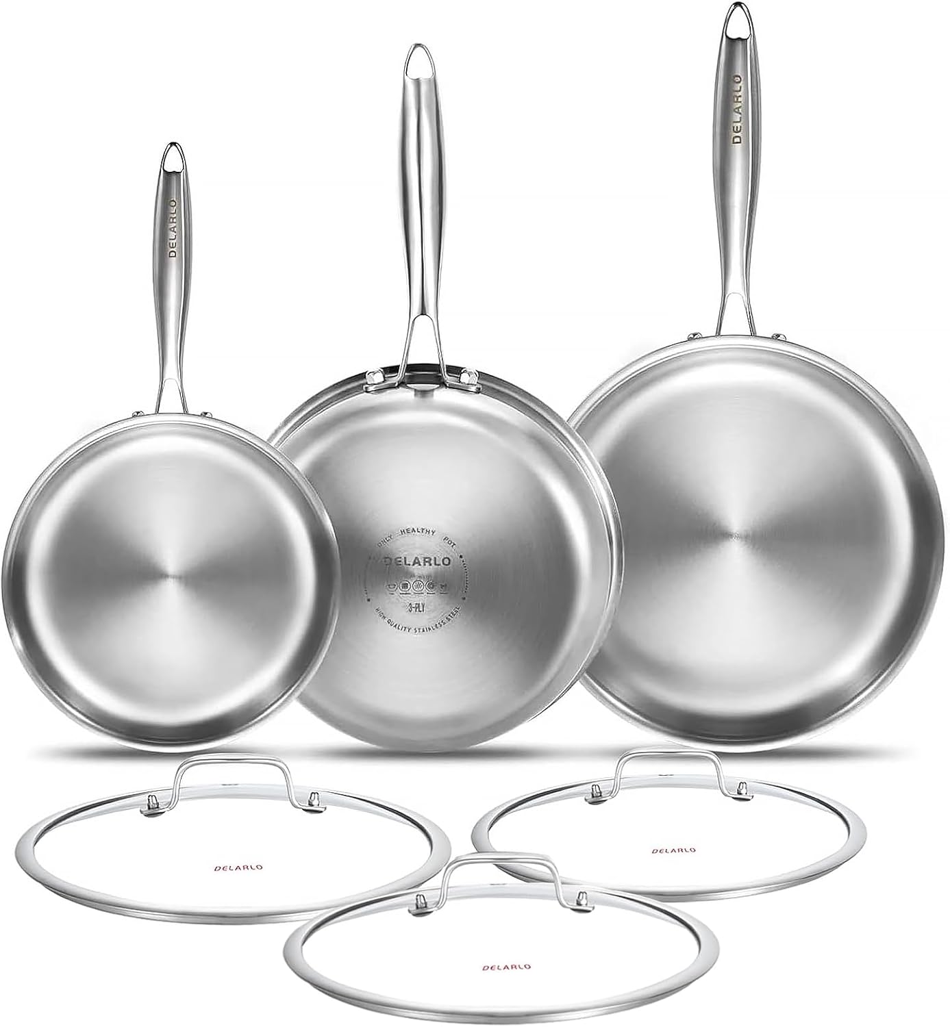 DELARLO Tri-ply Stainless Steel Frying Pan Set 8" 10" 12" With 3 Lid Induction large Skillets Chef's Pan,Pots and Pans Set Kitchen Cookware Set Suitable for All Stove