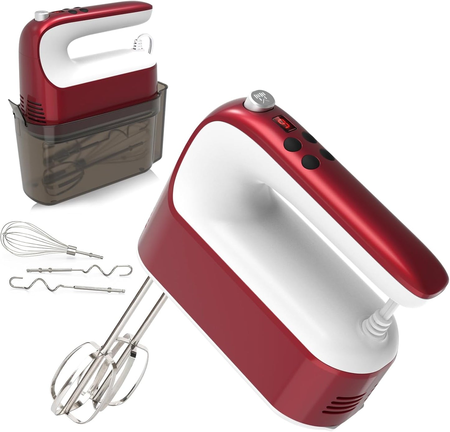 9-Speed Digital Hand Mixer Electric, 400W Powerful DC Motor, Baking Mixer Handheld with Snap-On Storage Case, 5 Stainless Steel Accessories, Flat Beaters, Dough Hooks, Whisk (Red&White)
