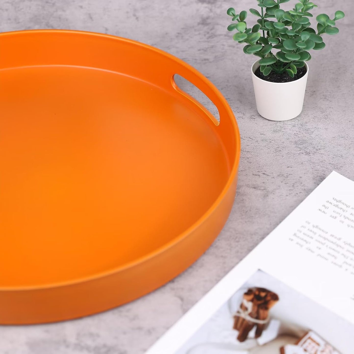 Round Orange Decorative Serving Tray with Handles, 13” Versatile Ottoman Tray for Coffee Table, Entertaining, Outdoor Patio, Living Room