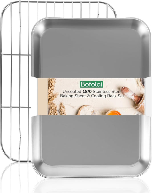 18/0 Stainless Steel Baking Sheet with Cooling Rack, 15.9 Inch Oven-Safe Non-Toxic Cookie Sheets for Baking, Coating Free & Rust Resistant for Healthy Family Baking, Easy to Clean, Heavy Duty