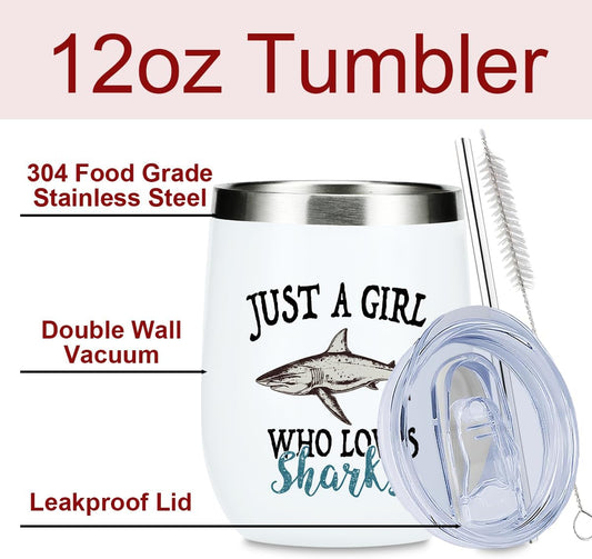 Cute Sharks 12 oz Tumbler, Wine Tumbler Insulated Wine Glass with Lid, Shark Gifts for Women Girls Shark Decor Stuff Merch for Teens Friend Daughter Sister Animal Lover Friendship Christmas Birthday