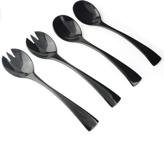 4-Pieces 18/10 Stainless Steel Salad Set, 2 Salad Fork 2 Salad Spoon, Mirror Polishing Black