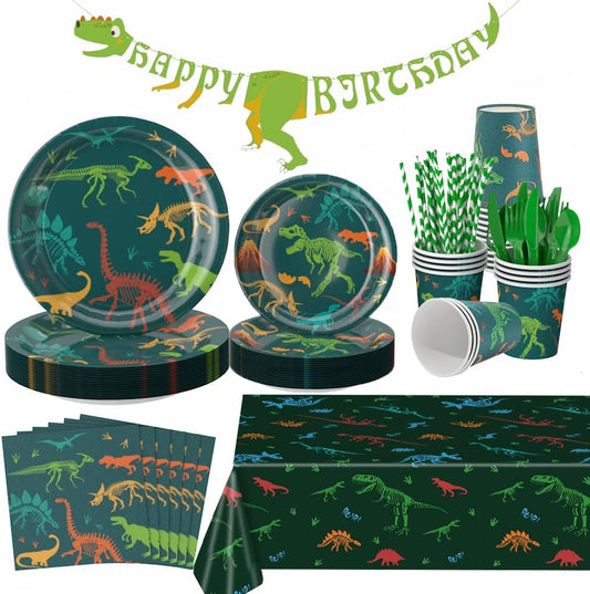 Dinosaur Plates and Napkins for Birthday Party Dino Tableware Set,Dinosaur Party Decorations Dino Plate Baby Shower,Disposable Dinosaurs Dinnerware Set with Tablecloth Cup Banner for Kids Boy Serve 24