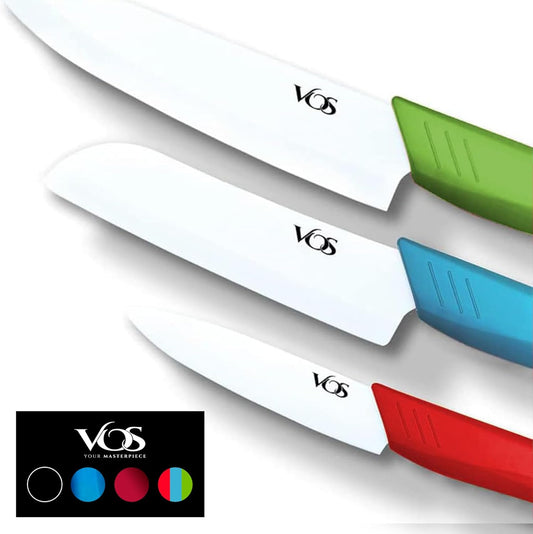 Vos Ceramic Knife Set in Elegant Gift Box, Ceramic Knives Set For Kitchen, Ultra Sharp Kitchen Knife Set with Covers, 4" 5" 6" Paring, Santoku & Chef Knife, Lightweight, Dishwasher safe (Multi-Color)