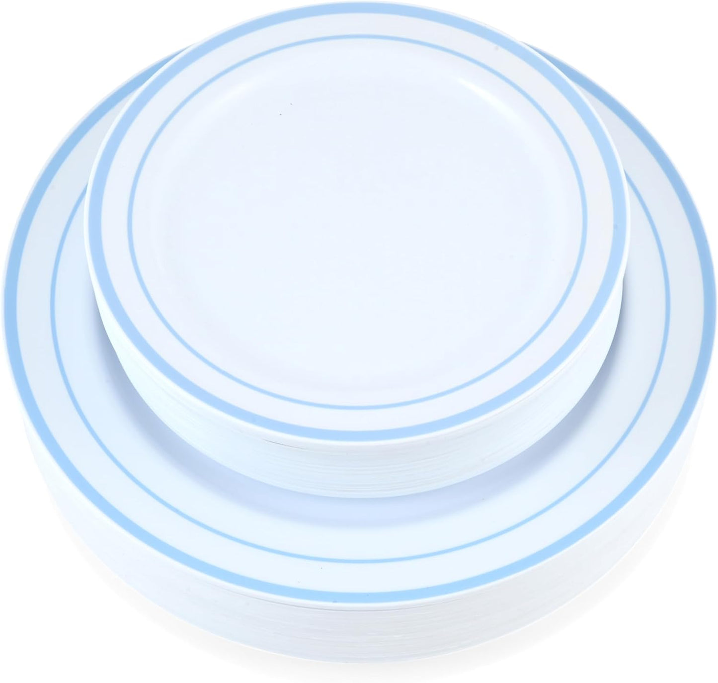 60-Piece Plastic Plates Set Premium 30 Dinner & 30 Salad Plates Pack, Disposable Plates for Party - White Plastic with Baby Blue Rim