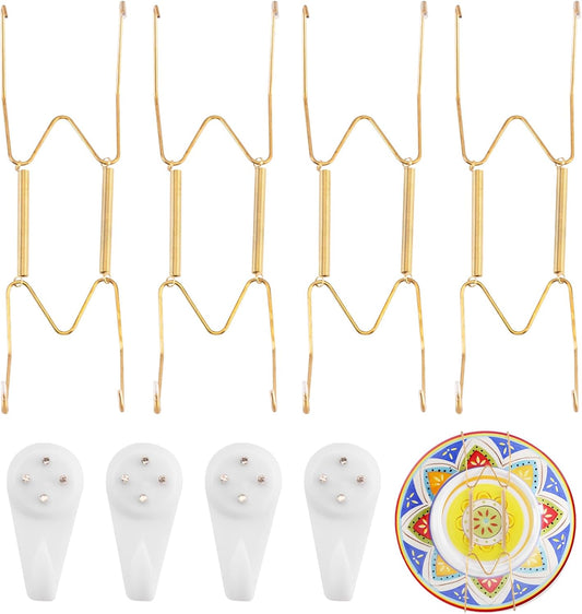 4 Pack Plate Hangers for The Wall Suitable for 8-10 inch Small Decorative Plate, Invisible Stainless Steel Plate Hangers for Display with Wall Hooks, for Plates/Platter/Dish/Picture(Gold)