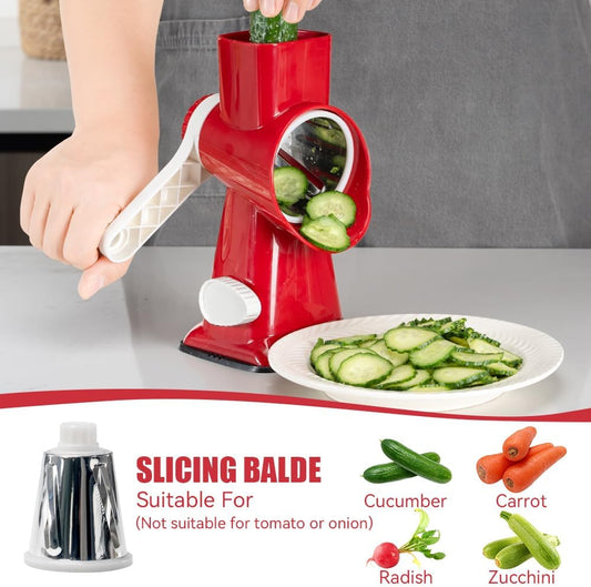 KEOUKE Rotary Cheese Grater Hand Crank Red - Shredder Slicer Grinder 3 Stainless Steel Blades, Stable Suction, Labor-Saving Handle, Safe Kitchen Tool for Cheese, Vegetable, Nuts, Chocolate