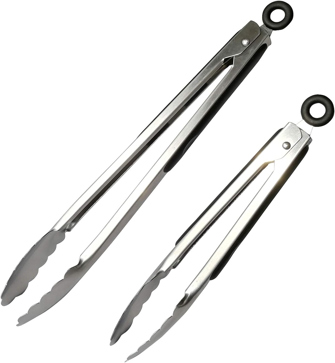 ALLTOP Metal Cooking Tongs,Stainless Steel Food Tong with No-slip Silicon and Locking Ring for Kitchen - 9 &12 inch,Set of 2-Black