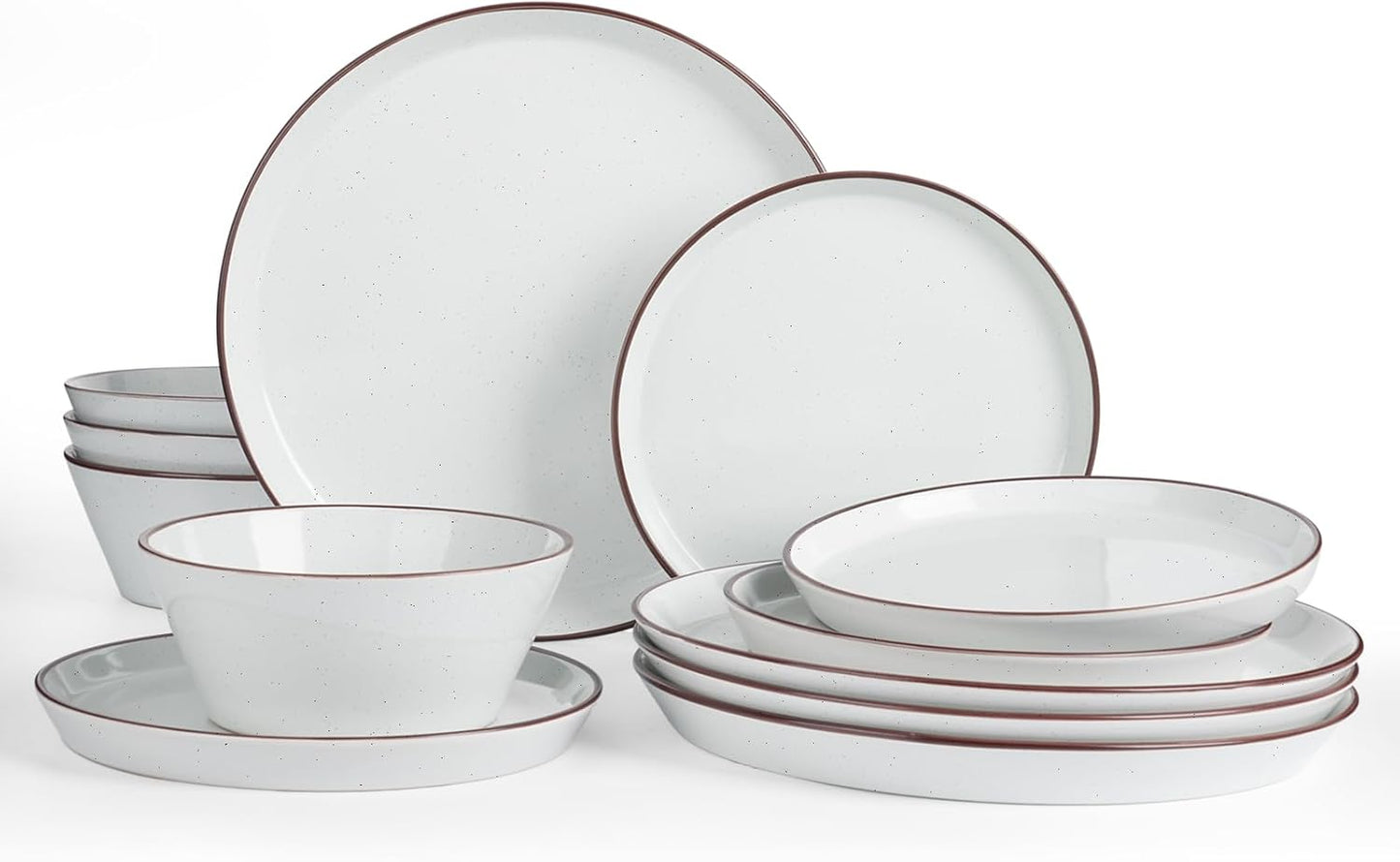 Famiware Saturn Dinnerware Sets, Speckled Plates and Bowls Sets for 4, 12 Pieces Stoneware Dish Set - Chip and Scratch Resistant, Microwave and Dishwasher Safe Tableware Set, White with Rim