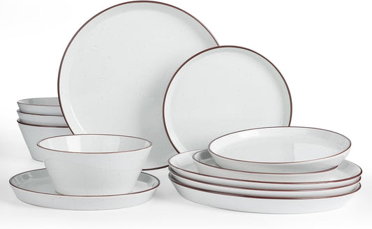 Famiware Saturn Dinnerware Sets, Speckled Plates and Bowls Sets for 4, 12 Pieces Stoneware Dish Set - Chip and Scratch Resistant, Microwave and Dishwasher Safe Tableware Set, White with Rim