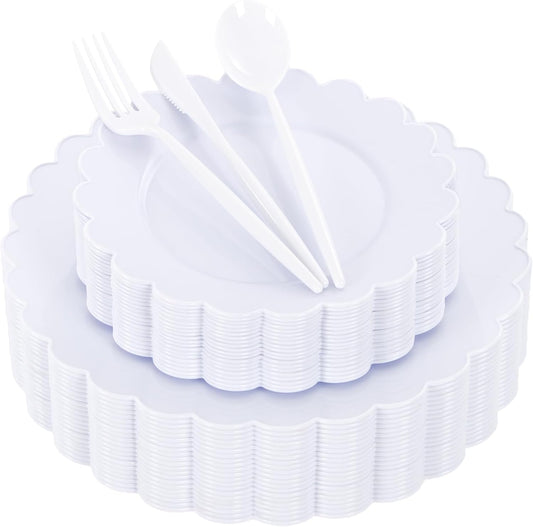 WONDERFUL 150 Pcs White Plastic Plates Disposable Heavy Duty Disposable Plastic Plates for Party Wedding Include 60 Pcs Plate Set 90 Pcs Cutlery Set Wedding Decor Halloween Thanksgiving